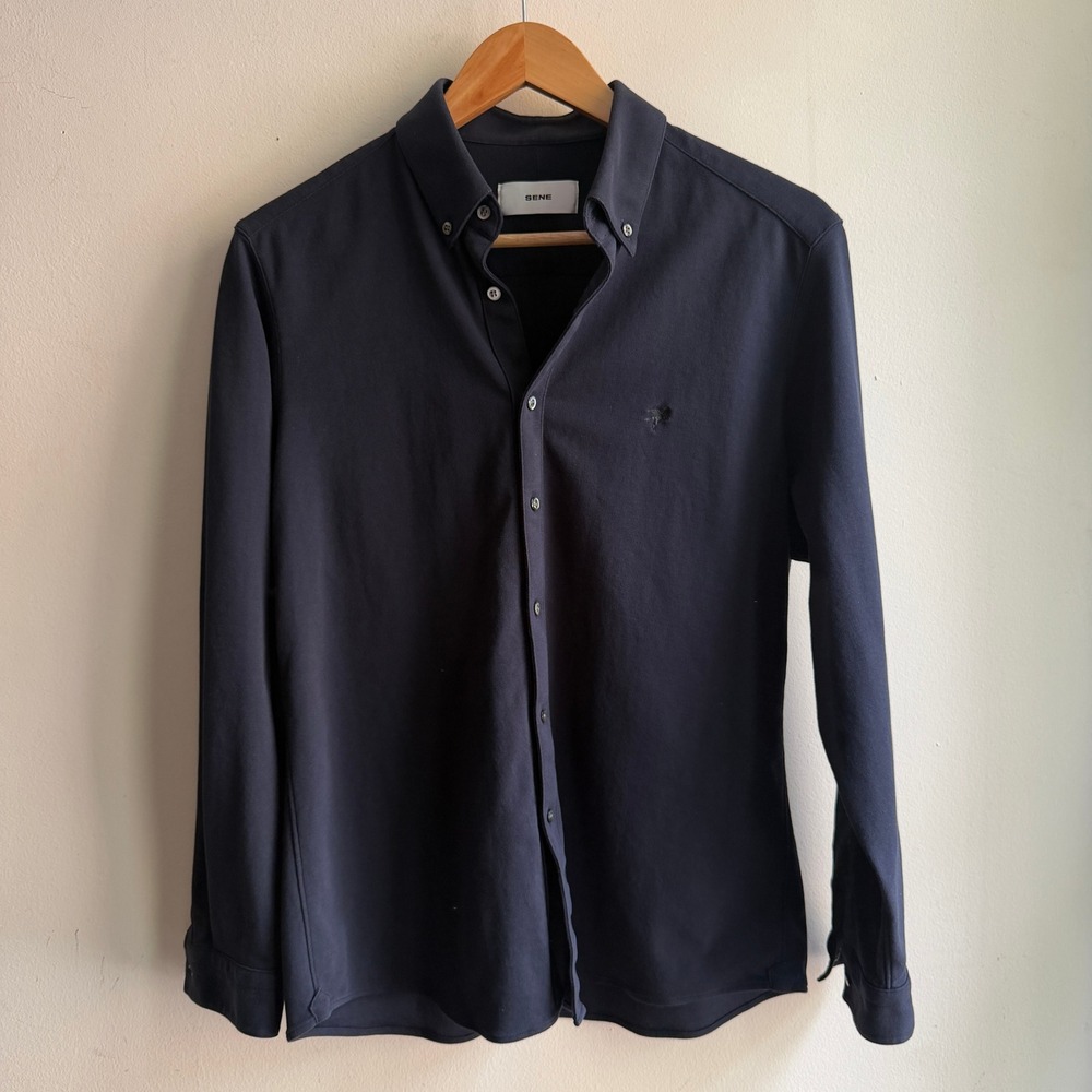 Sene Custom Knit Button Down Shirt Navy Blue Mens Medium